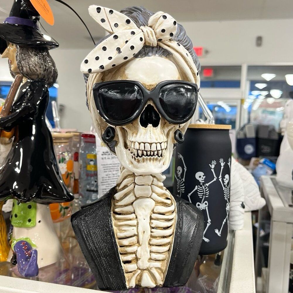 Halloween Skeleton Figurine with Sunglasses and Bandana Decor